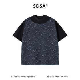 SDSA男装2026新款高贵轻奢潮牌网格马甲拼接假两件圆领短袖T恤潮