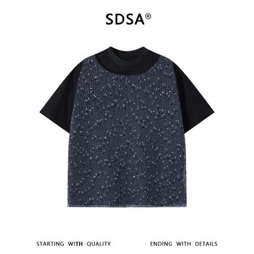 SDSA男装2026新款高贵轻奢潮牌网格马甲拼接假两件圆领短袖T恤潮 商品图0