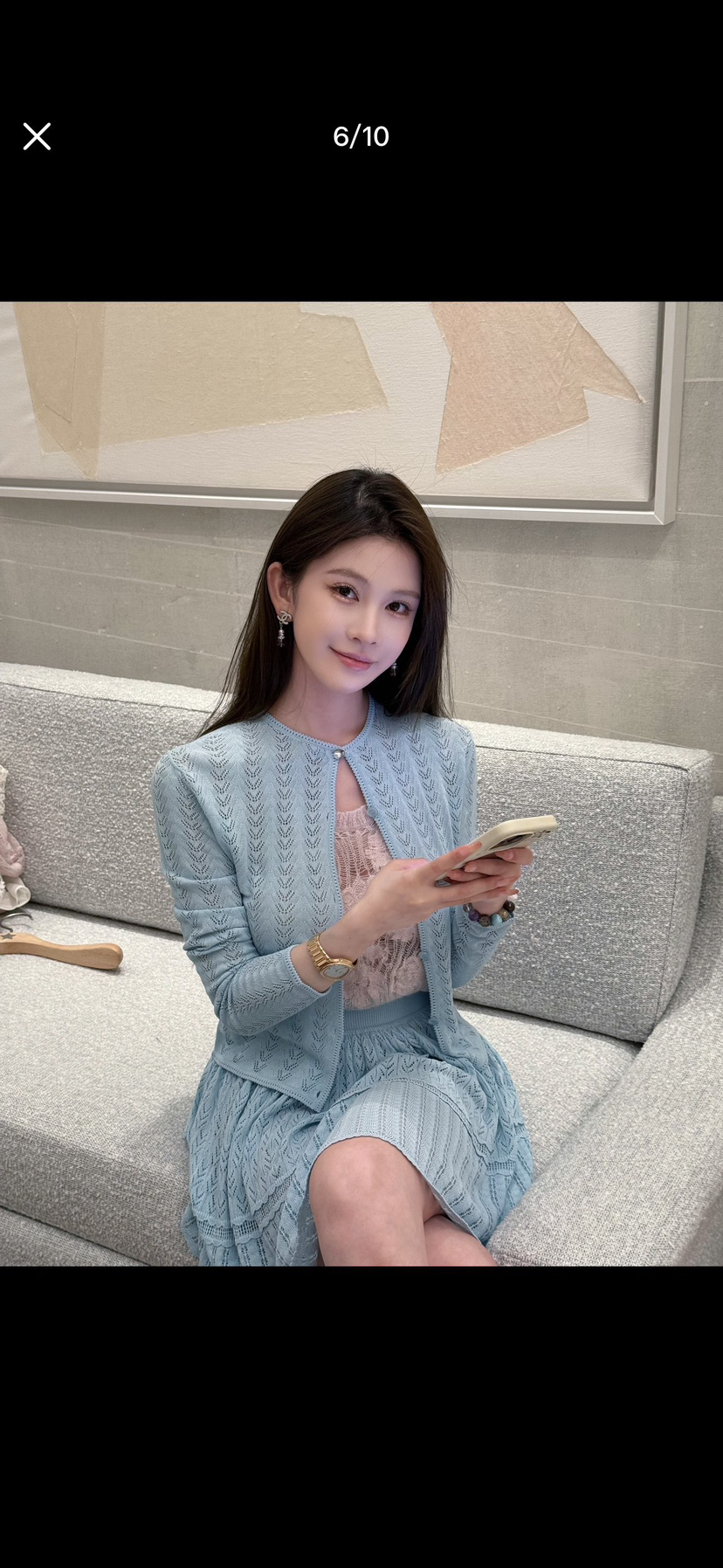 327-12 渠道圆正 把铃兰装进口袋 雕 单面镂空花型针织开衫 半身裙