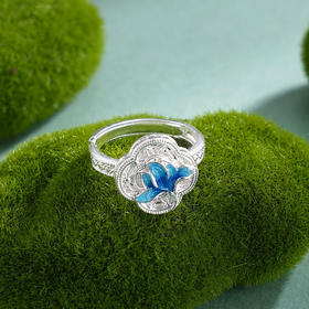 子佩集【轩畔玉兰】银S990戒指【QFJZ011】原创作品花丝珐琅彩四叶玉兰莲2602