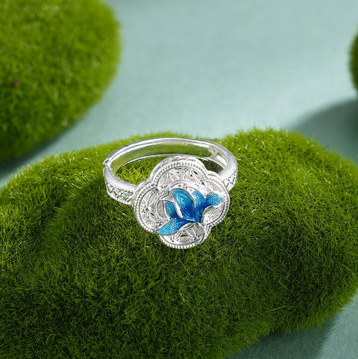 子佩集【轩畔玉兰】银S990戒指【QFJZ011】原创作品花丝珐琅彩四叶玉兰莲2602 商品图0