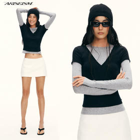 Ariseism黑标 莱赛尔假两件长袖T恤女春季新款上衣