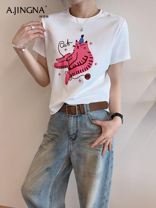 【减龄百搭】阿菁娜春季新款卡通猫咪印花AB面短袖T恤F31C301023 商品图3