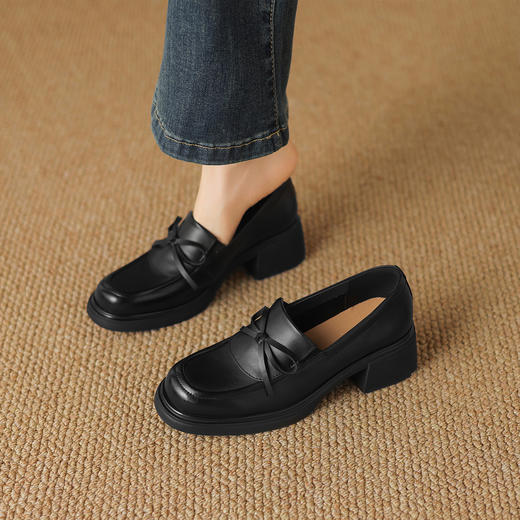 阿么手工女鞋蝴蝶结粗跟小皮鞋女款软皮软底真皮百搭乐福鞋5.8CM 商品图3