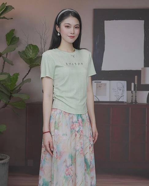 司歌针织弹力收腰短袖夏女T恤T93G1027 商品图4