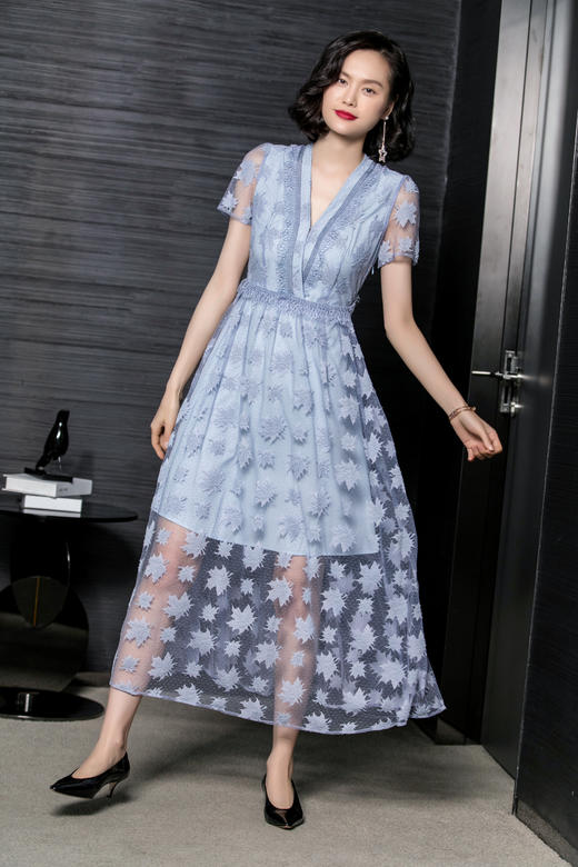 芳外时尚清新优雅V领网纱拼接长裙高腰显瘦短袖夏季连衣裙2148 商品图1