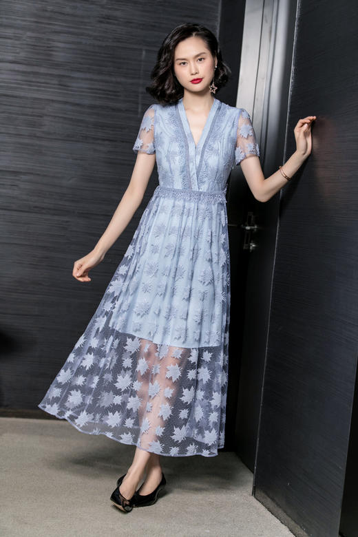 芳外时尚清新优雅V领网纱拼接长裙高腰显瘦短袖夏季连衣裙2148 商品图3