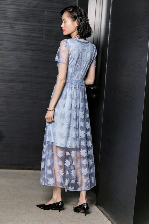 芳外时尚清新优雅V领网纱拼接长裙高腰显瘦短袖夏季连衣裙2148 商品图5