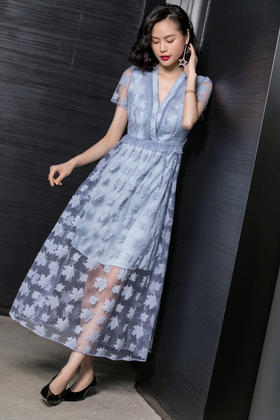 芳外时尚清新优雅V领网纱拼接长裙高腰显瘦短袖夏季连衣裙2148