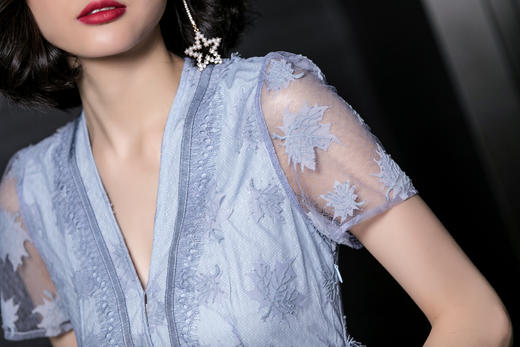 芳外时尚清新优雅V领网纱拼接长裙高腰显瘦短袖夏季连衣裙2148 商品图6