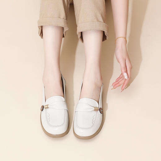 信诺真皮乐福鞋女平底一脚蹬软底不累脚妈妈鞋白色单鞋6C8166-32 商品图1