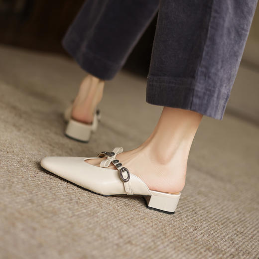 阿么手工女鞋新款一脚蹬浅口半拖包头鞋夏外穿百搭真皮穆勒鞋3CM 商品图1