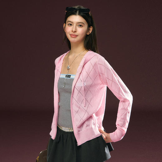 Ariseism 美式复古粉色菱格连帽针织外套女春季新款上衣 商品图3