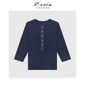 03-5潘依绣丁丁宠粉舒适修身半系扣正肩圆领七分袖T恤Q35460