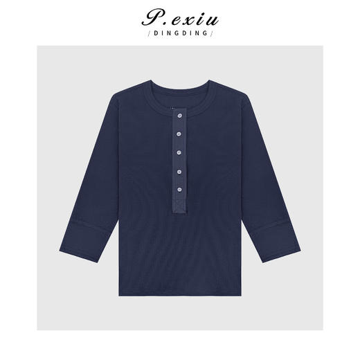 03-5潘依绣丁丁宠粉舒适修身半系扣正肩圆领七分袖T恤Q35460 商品图0