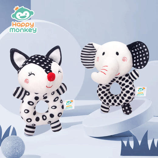 Happy monkey新生儿手摇铃婴儿玩具响铃宝宝黑白玩具狐狸大象摇铃 商品图0