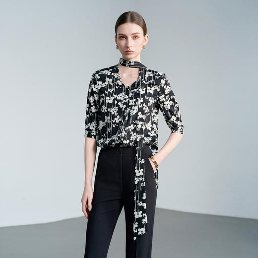 IWY/职场穿搭黑色碎花系带长袖衬衫女高级感时尚穿搭上衣工作服6B02+P2357 商品图1