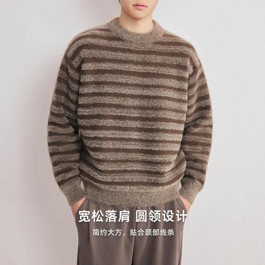 墨麦客男装2025年冬季仿貂绒圆领条纹针织衫男士套头绒感打底衫男 商品图0