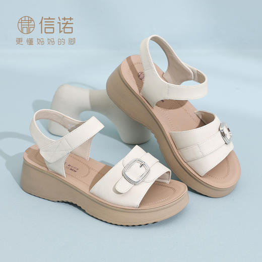信诺真皮舒适厚底妈妈凉鞋女2026新款夏季软底不累脚魔术贴沙滩鞋6L906-11 商品图2