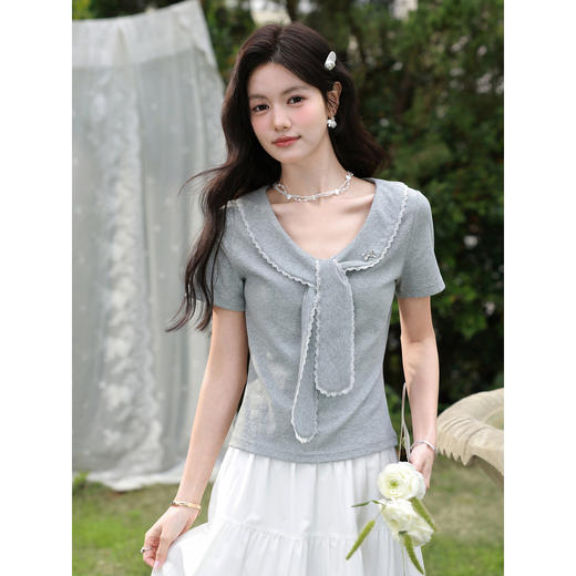 鹿向南「凉夏流云」灰色短袖T恤夏季新款时尚百搭设计感短上衣女 商品图0