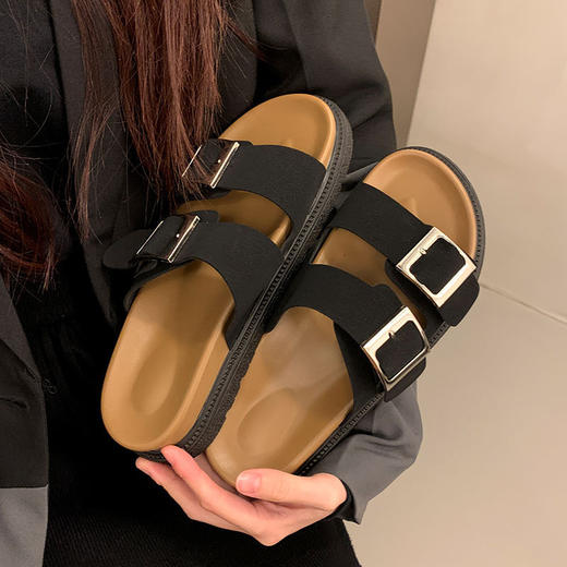 【柔软舒服！甜酷风格】勃肯鞋女厚底凉拖鞋女夏外穿新款时尚皮带扣休闲沙滩一字拖鞋。xa 商品图3