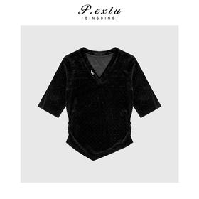 03-5潘依绣丁丁宠粉复古高级烫钻V领五分袖T恤Q3561