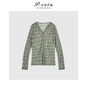 03-5潘依绣丁丁宠粉法式复古轻薄防晒V领碎花长袖衬衫 M8967