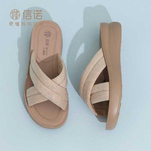 信诺妈妈鞋时尚水钻一字拖女外穿软底舒适厚底凉拖鞋2026夏季新款6L950-62 商品图0