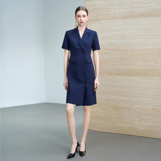 IWY/藏青色西装连衣裙女夏季短袖双排扣职业装通勤高级感中长裙6Q10 商品图3