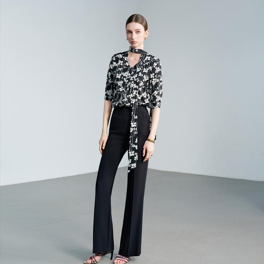 IWY/职场穿搭黑色碎花系带长袖衬衫女高级感时尚穿搭上衣工作服6B02+P2357 商品图2