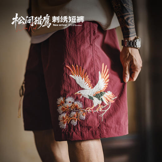 马登工装美式横须贺刺绣短裤宽松红色塔丝隆沙滩薄款五分裤男夏季 商品图0