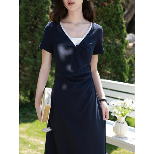 鹿向南「雾岛来信」藏青色法式短袖连衣裙夏季新款收腰A字长裙女 商品图3