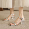 阿么手工女鞋法式透明一字带粗跟凉鞋女2026新款水钻高跟鞋6.5CM 商品缩略图2