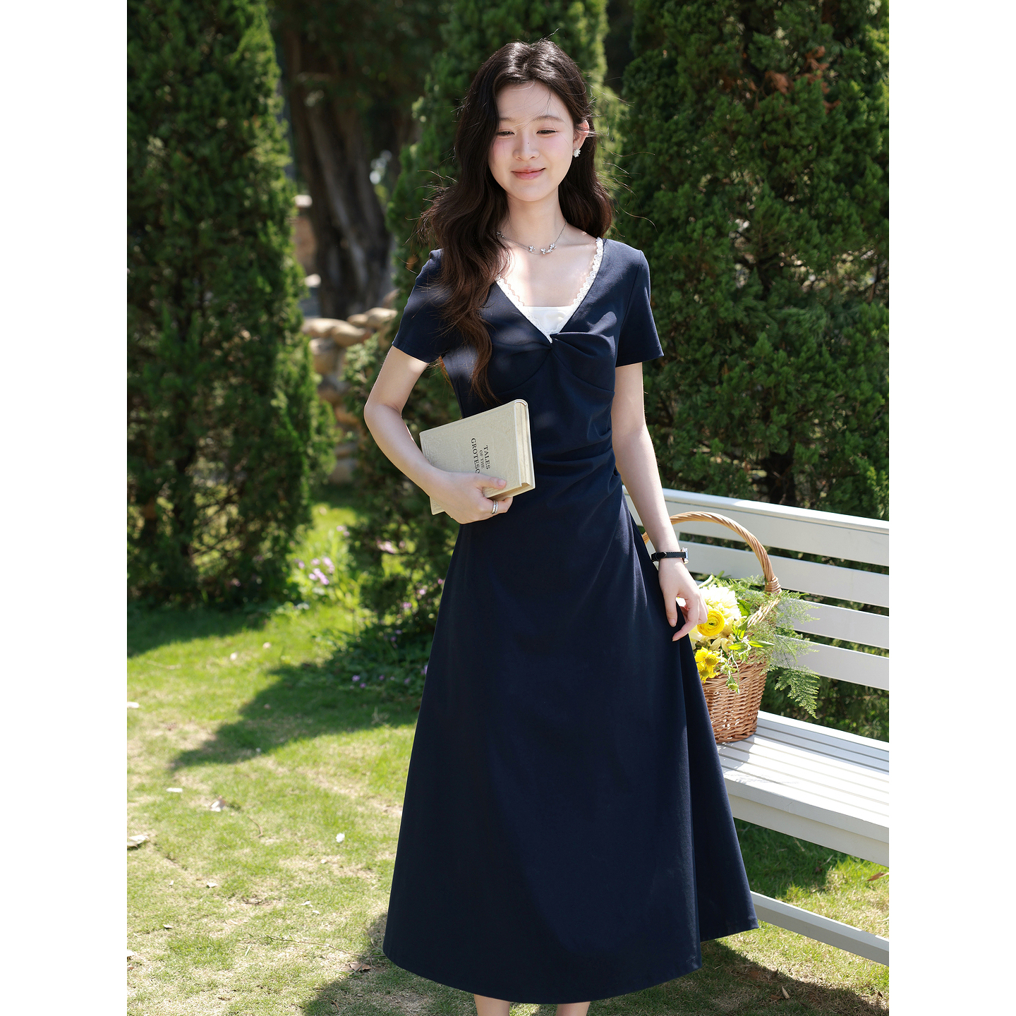 鹿向南「雾岛来信」藏青色法式短袖连衣裙夏季新款收腰A字长裙女