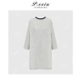 棉麻复古竖条纹褶皱肌理感撞色圆领长袖连衣裙 Q96413