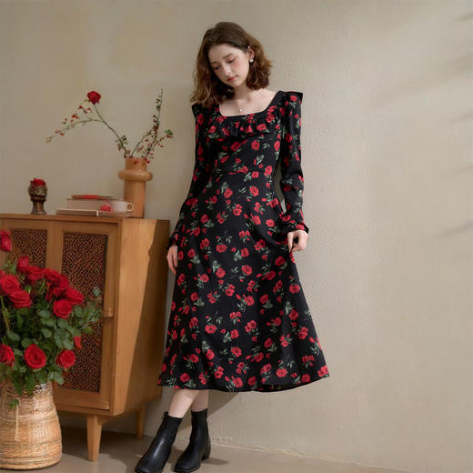【限时秒杀】西遇【秘境玫瑰】法式浪漫碎花连衣裙女秋季气质显瘦长袖长裙LXD51223 商品图1