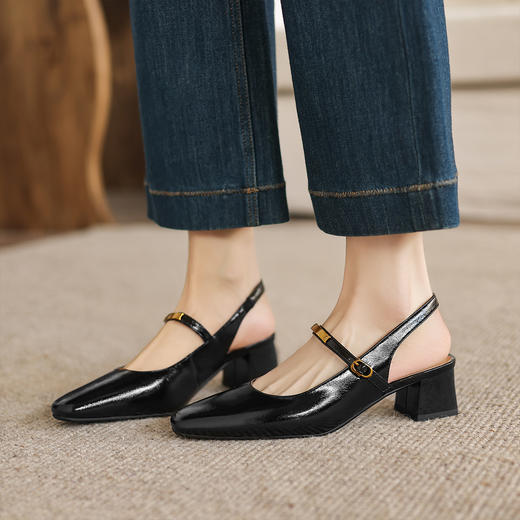 阿么手工女鞋夏季方头粗跟一字带百搭凉鞋外穿复古玛丽珍鞋4.5CM 商品图1