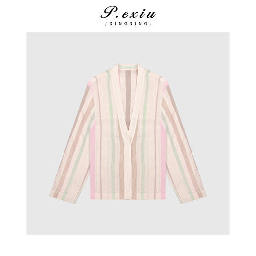 03-5潘依绣丁丁宠粉亚麻撞色条纹V领长袖衬衫 GH022 商品图0