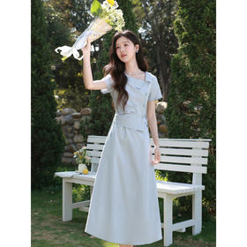 鹿向南「月光海岸」蓝色收腰短袖假两件连衣裙女夏新款设计感长裙