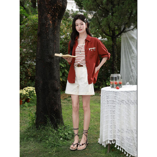 鹿向南【0331/20:00新品前1小时7折限量100件】复古红防晒衬衫 商品图1