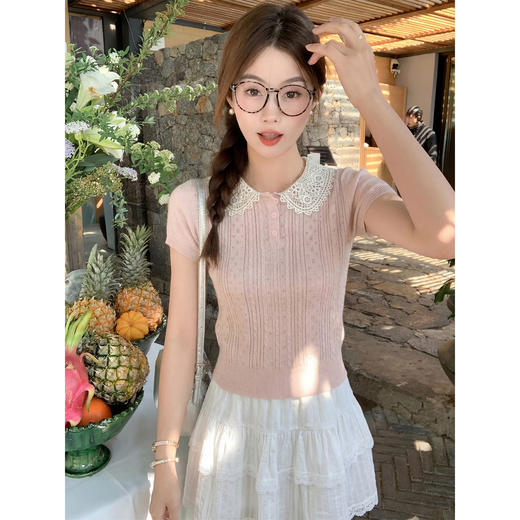 <曾小咸推荐>蕾丝娃娃领2色针织短袖气质【预售7-15天发货】 商品图0