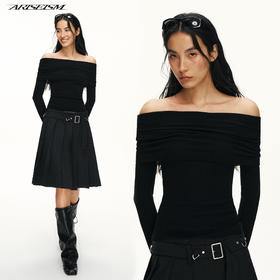 Ariseism黑标 100%羊毛一字肩针织衫女春季新款上衣