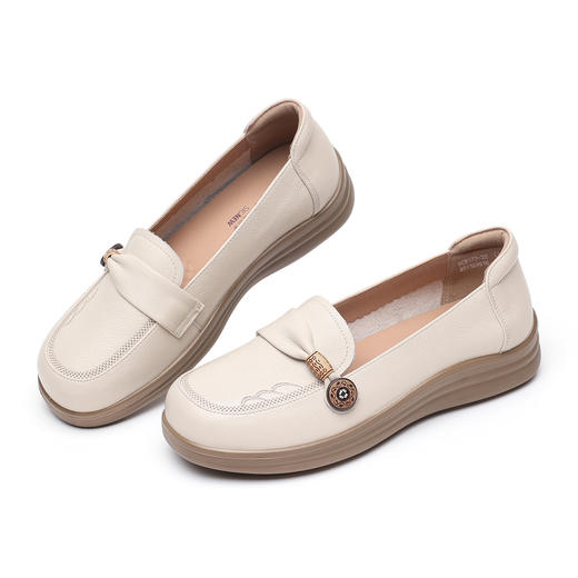 信诺真皮乐福鞋女平底一脚蹬软底不累脚妈妈鞋白色单鞋6C8166-32 商品图4