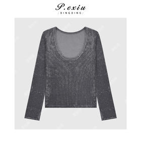 04-1潘依绣丁丁宠粉法式气质丝绒烫钻修身显瘦喇叭袖T恤Q36147