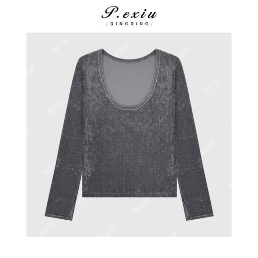 04-1潘依绣丁丁宠粉法式气质丝绒烫钻修身显瘦喇叭袖T恤Q36147 商品图0