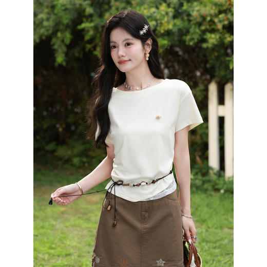 鹿向南【0330/20:00新品前一小时7折限量100件】浅杏色T恤 商品图1