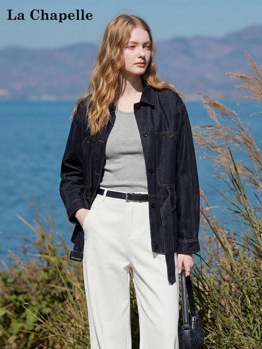 天猫同步【轻奢风牛仔】拉夏贝尔/La Chapelle翻领口袋明线廓形设计配腰带时髦牛仔上衣气质老钱风外套 商品图3