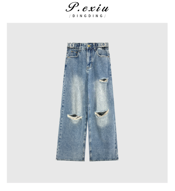 04-1潘依绣丁丁宠粉春夏新品水洗磨白破洞设计阔腿牛仔裤 Q6252