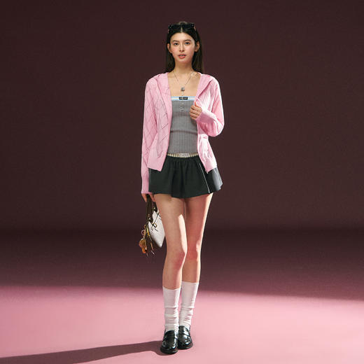 Ariseism 美式复古粉色菱格连帽针织外套女春季新款上衣 商品图4