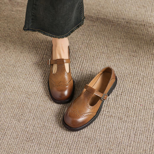 阿么手工女鞋春季百搭复古雕花真皮小皮鞋女英伦风丁字扣单鞋3CM 商品图4